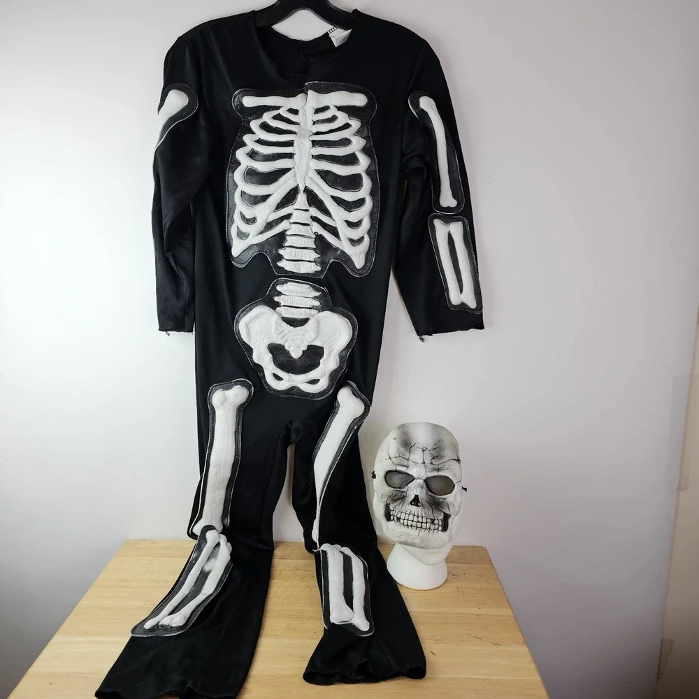Kids` Skeleton Jumpsuit‎ Boys Girls Bones Halloween Costume & Mask L 12/14